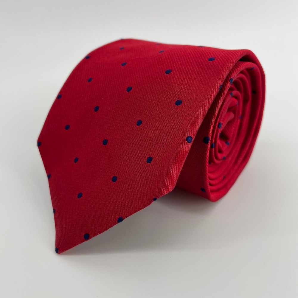 Brooks Brothers Red Navy Blue Polka Dot Silk Tie Made in USA England Fabric